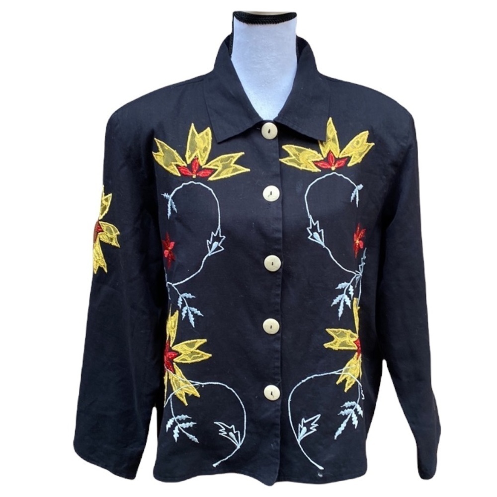 Alex Kim Black Embroidered Vintage Cotton Jacket Blazer Size 1X